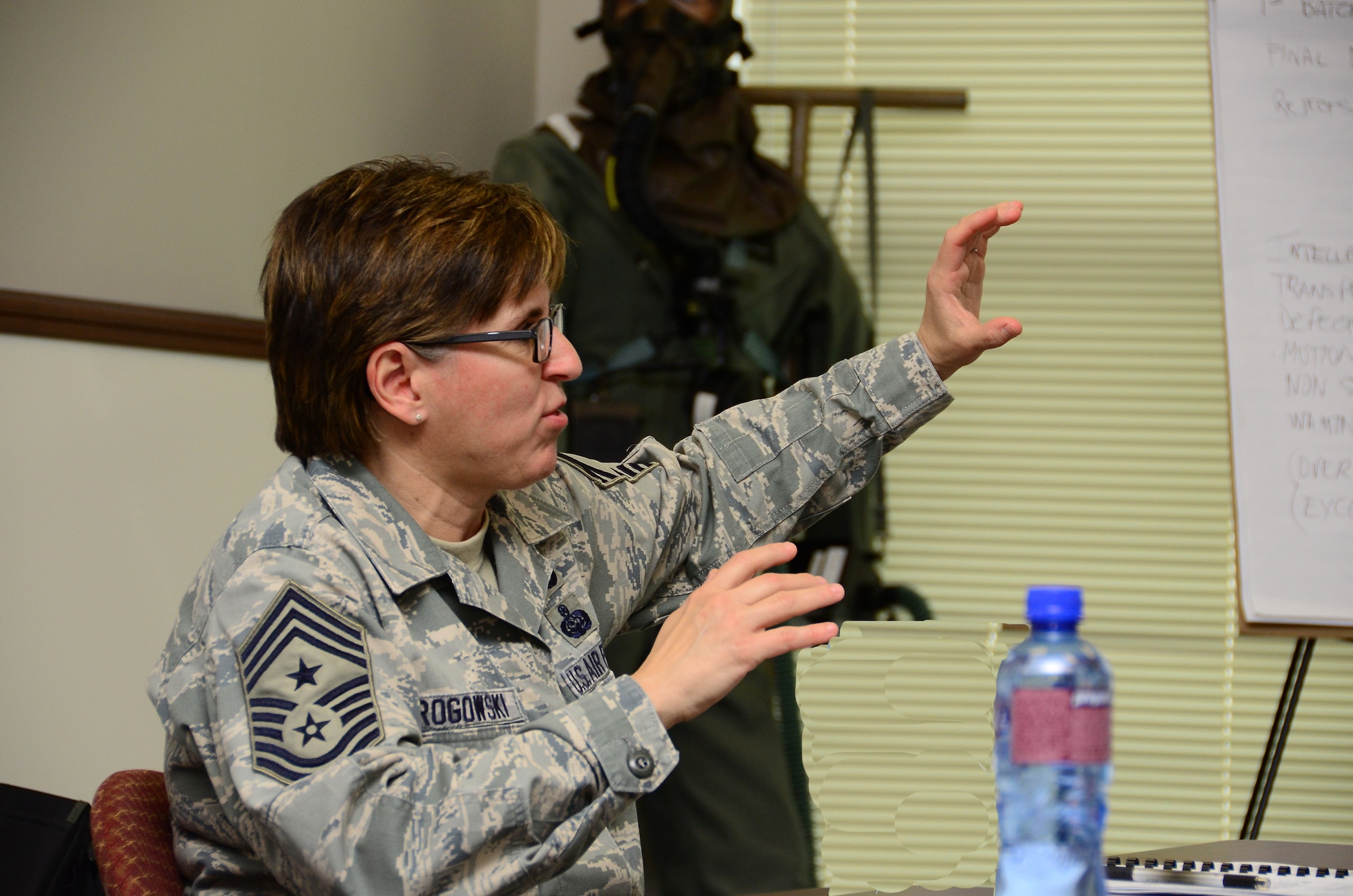 WRIGHT-PATTERSON AIR FORCE BASE, Ohio – Chief Master Sgt. Peri Rogowski, 445th Airlift Wing command chief, provides her input on one of the many topics brought up during the wing’s Air Force Smart Operations for the 21st Century (AFSO 21) Lean Six Sigma Green Belt facilitator training May 9. The purpose of the training is to develop individuals to lead process improvements and teach participants to effectively use tools like Six Sigma, which is a method to eliminate variation and standardize a process and lean initiatives designed to eliminate waste or non-value added steps from a process. (U.S. Air Force photo/Staff Sgt. Mikhail Berlin)