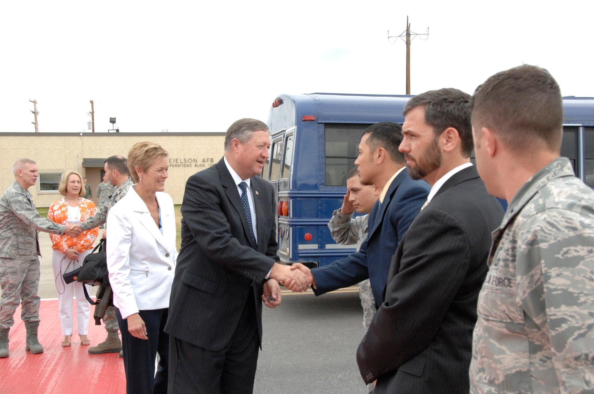 Secretary of the Air Force Michael Donley thanks members of the Iceman Team during his departure May 22, 2012, Eielson Air Force Base, Alaska. Donley's trip to Eielson was an opportunity to express his thanks and gratitude to the men and women who play a significant role in the staging of forces in the Asian-Pacific region. (U.S. Air Force photo/Master Sgt. Jason Vaught)