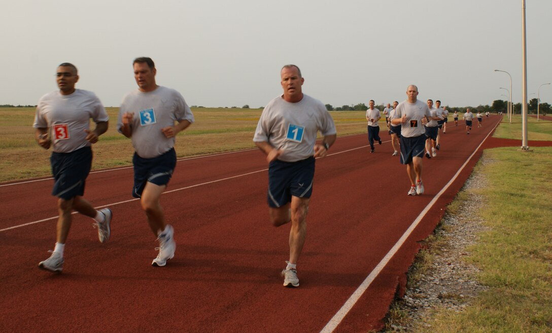 Brig. Gen. Michael A. Fantini running during his physical fitness test on May 24, 2012 at Sheppard Air Force Base. Fantini completes the last portion of the physical fitness test, the 1.5 mile run. (U.S. Air Force photo/2nd Lt. Jerred Moon)