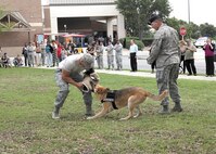 Staff Sgt. Joel Nieves Diaz, 341st Training Squadron, left, Staff Sgt. William Slifer, 802nd Security Forces Squadron, and military working dog, Rocky, conduct a MWD demonstration May 18 at the Joint Base San Antonio-Lackland Exchange. (U.S. Air Force photo/Robbin Cresswell)
