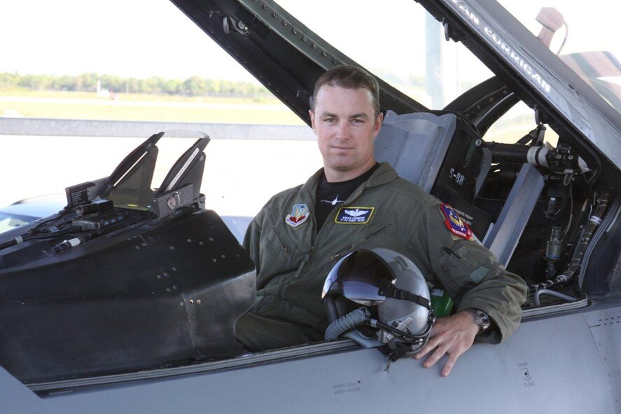 Maj. Brian Congdon, F-16CJ instructor pilot, currently serves as the F-16 East Coast Heritage Flight pilot.  Maj. Congdon partners with the Air Force Heritage Flight Foundation performing aerial displays and fly overs with World War II, Korean War adn Vietnam era Air Force aircraft.  (U.S. Air Force photo/Released)