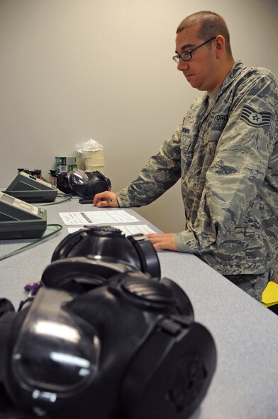 Staff Sgt. Alex Quinones, 2nd Aerospace Medicine Squadron, monitors readings from a Portacount Plus machine during a gas mask fit test on Barksdale Air Force Base, La., May 23. The machine takes particle readings from the air in the room and compares it to the air found in the gas masks to ensure the masks are sealed properly. (U.S. Air Force photo/Airman 1st Class Micaiah Anthony)(RELEASED)