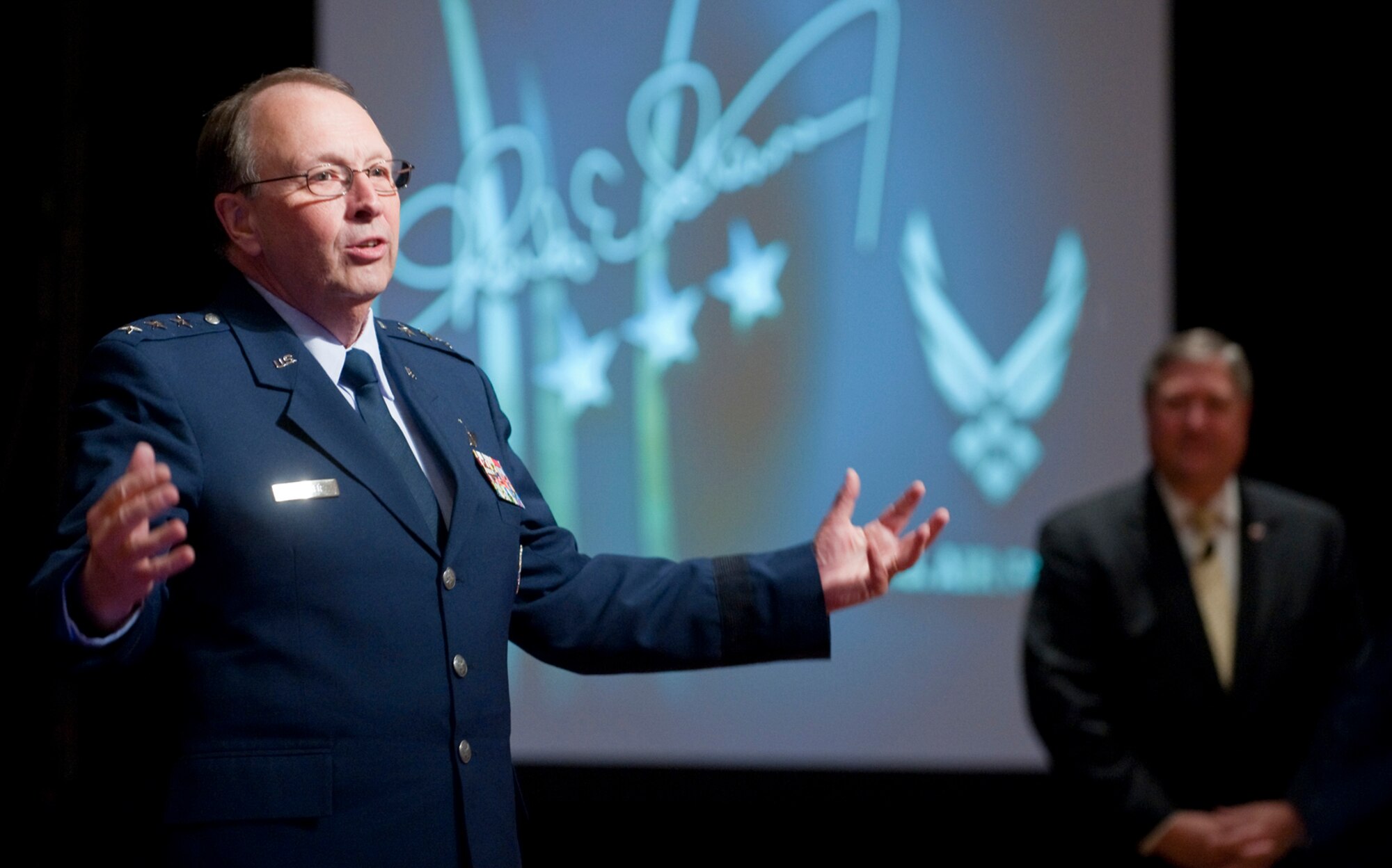 Lt. Gen. Charles E. Stenner Jr. speaks during last year’s Air Force Reserve Command Senior Leaders Conference as Secretary of the Air Force Michael Donley looks on. During Stenner’s four-year tenure as AFRC?commander and chief of Air Force Reserve, the command has undergone some signifcant changes and achieved some important milestones. Perhaps the most important is the successful implementation of his Air Force Reserve 2012 initiative. (Jim Varhegyi)