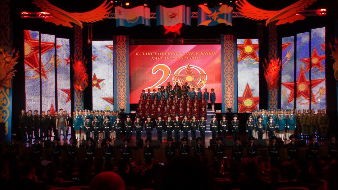 The week long Kadex Expo ended on the 20 year anniversary of the formation of Kazakhstans independant military.  To celebrate this milestone a large concert was staged to celebrate the rich cultural history of Kazakhstan and its people.  This is a photograph of the final curtain call.