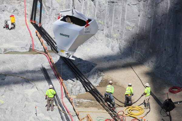 Contractors for the U.S. Army Corps of Engineers pour the first concrete for Folsom Dam's new auxiliary spillway control structure in Folsom, Calif., May 24, 2012. The U.S. Army Corps of Engineers, together with the U.S. Bureau of Reclamation and state and local partners, is building the spillway to reduce flood risk throughout the Sacramento region.