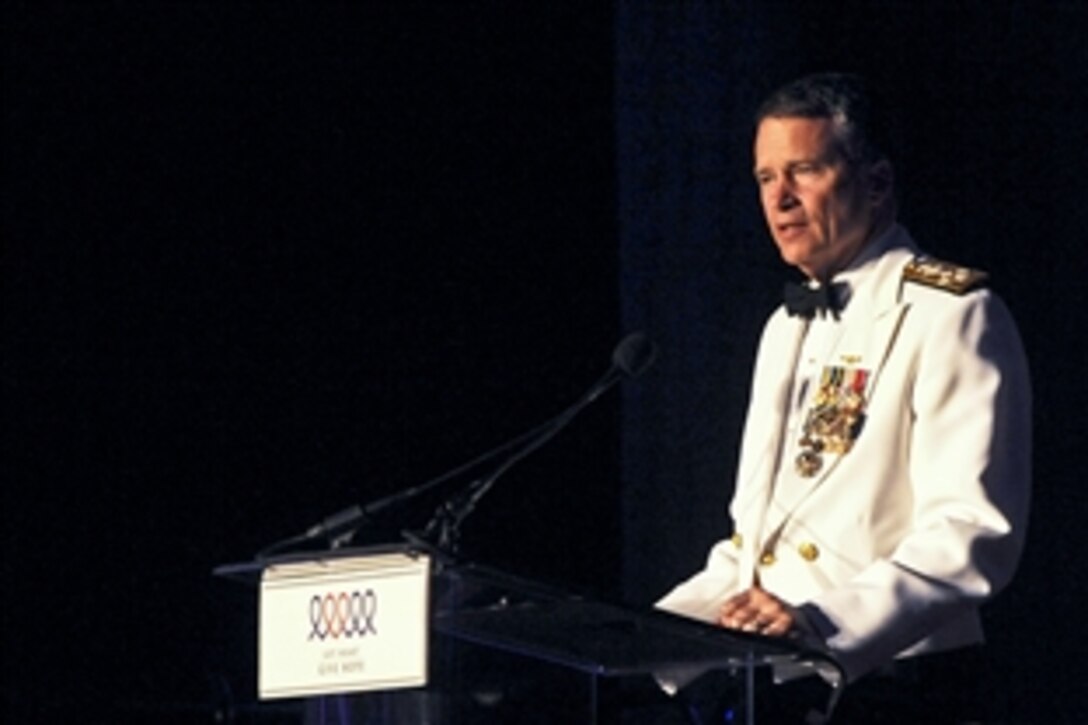Navy Adm. James A. Winnefeld Jr., vice chairman of the Joint Chiefs of Staff, speaks at the annual "Got Heart, Give Hope" gala in Washington, D.C., May 23, 2012. The awards banquet and silent auction brought together wounded warriors, families, military leaders and celebrities, including actor Gary Sinise and country music singers Randy Travis and James Wesley. 