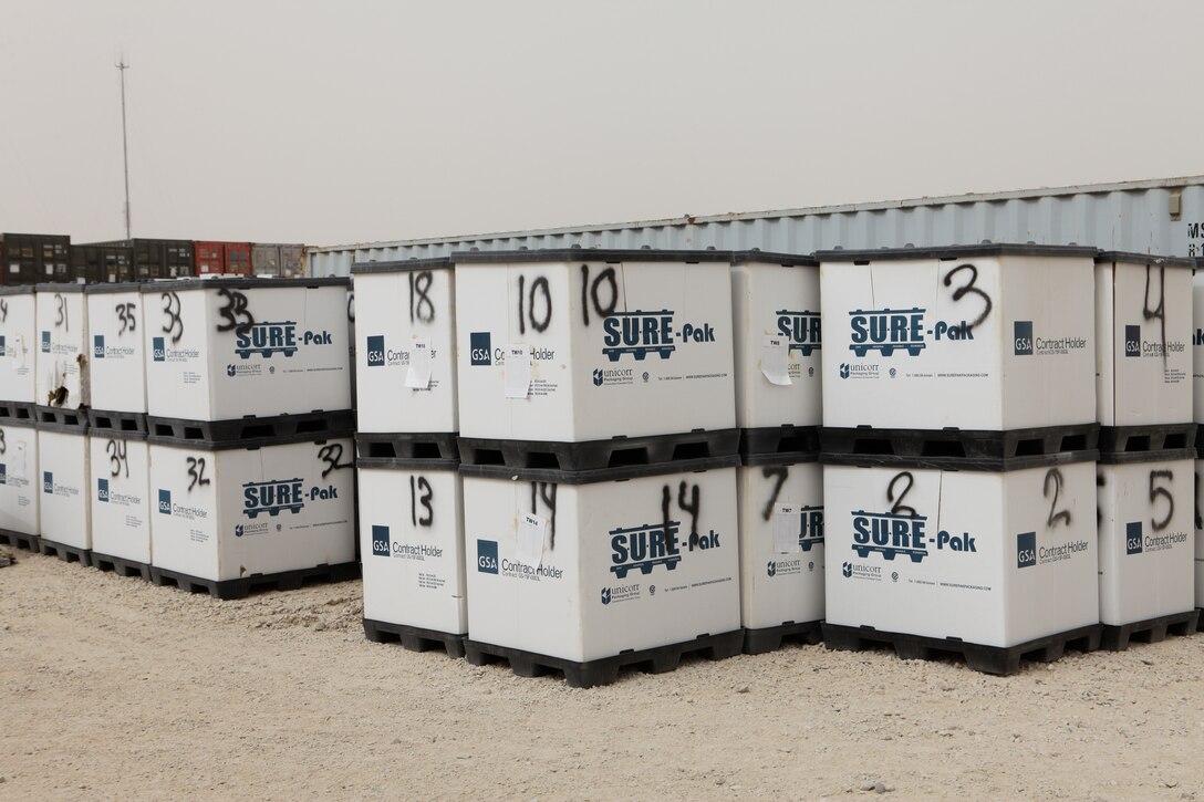 Crates of excess consumable medical supplies at Camp Leatherneck, Afghanistan await delivery to Afghan soldiers with Regional Logistics Support Command-Southwest. Medical Logistics System personnel at the Supply Management Unit staged approximately $85,000 worth of excess medical supplies.