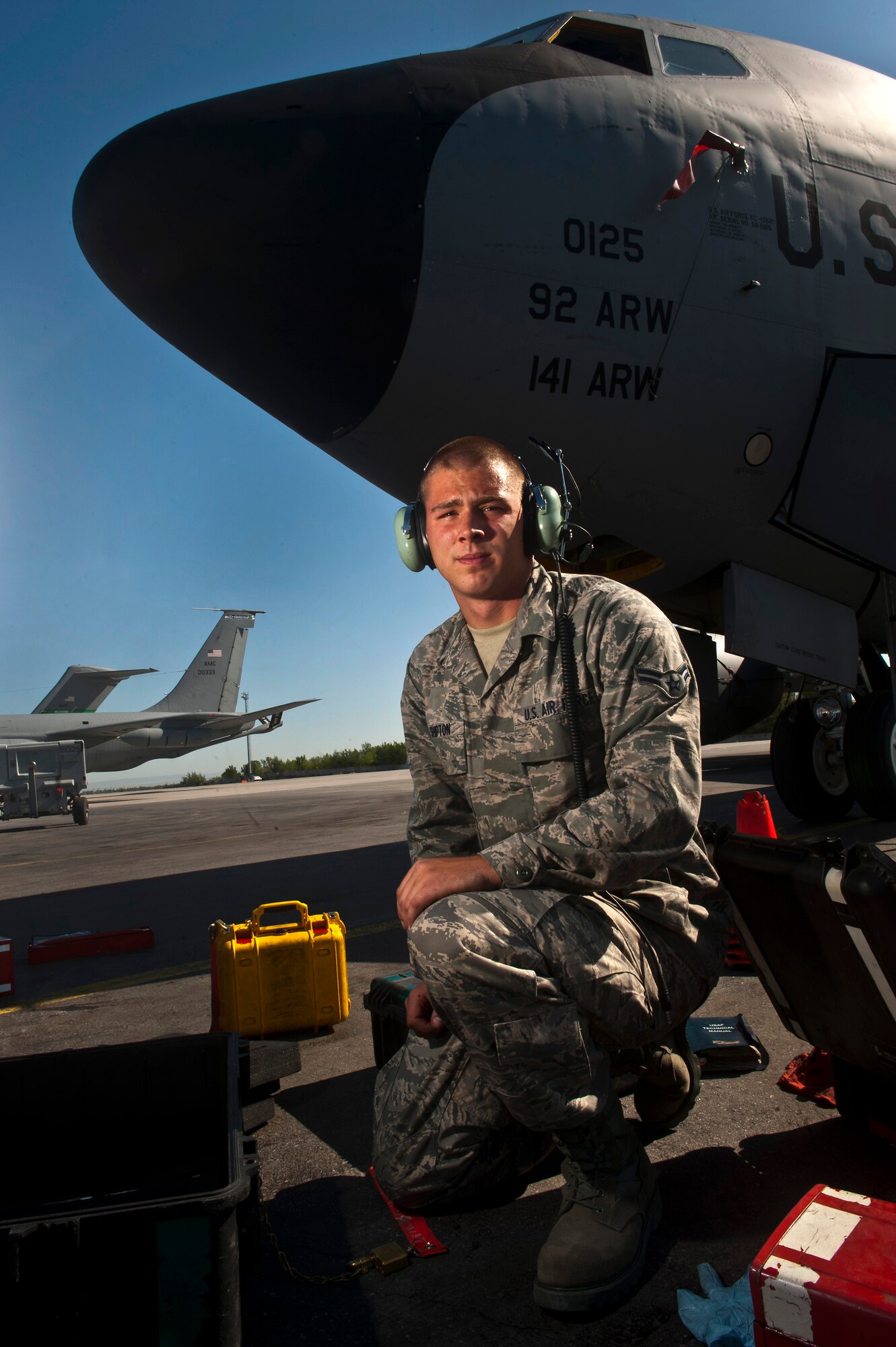 Airman 1st Class Michael Shipton is a 376th Expeditionary Aircraft Maintenance Squadron crew chief from Fairchild Air Force Base, Wash. He is a native of Grove City, Pa. (U.S. Air Force photo/Senior Airman Brett Clashman)
