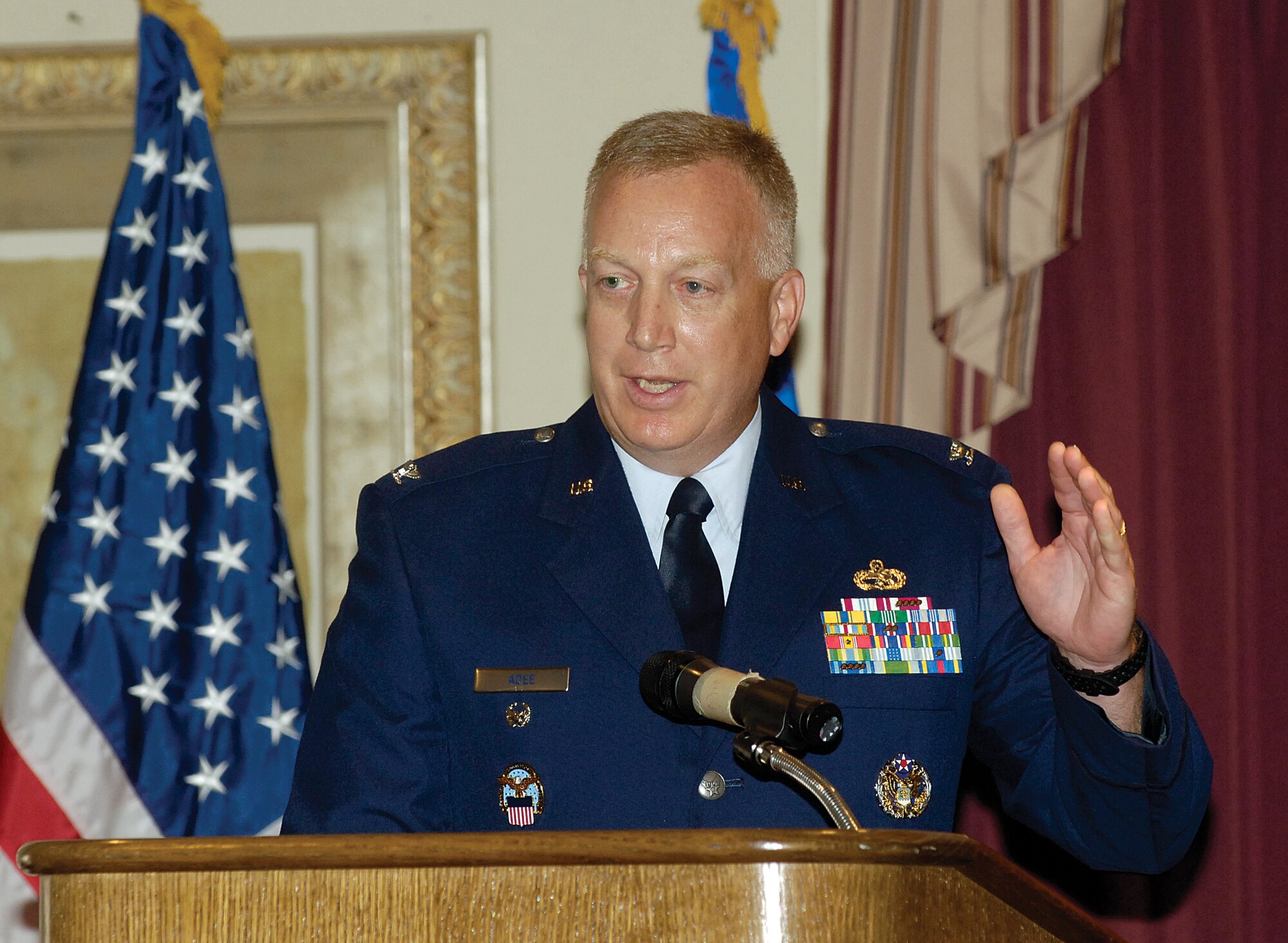 Col. Rex E. Adee gives brief comments moments after accepting command of the Defense Logistics Agency, Aviation, Oklahoma City in a change of command ceremony May 14 at the Tinker Club. (Air Force photo by Margo Wright)