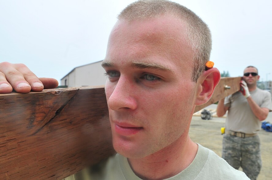 (Left) Air Force Academy cadets Ryan Carson and Stephen Johnson move a pillar with the 51st Civil Engineer Squadron’s Prime Base Engineer Emergency Force, May 24, 2012. Prime BEEF teams are rapidly deployable, specialized civil engineer units, which provide a wide variety of engineering support required to establish, operate and maintain garrison and contingency air bases. 
  
   