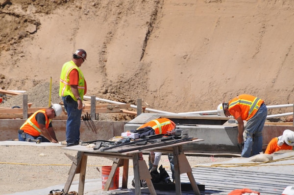 VANDENBERG AIR FORCE BASE, Calif. — U.S. Army Corps of Engineers contractors construct the second of two new 4-million-gallon water reservoirs here, May 11, 2012. The new water tanks support a population of more than 18,000 military, family members, contractors and civilian employees at the base.