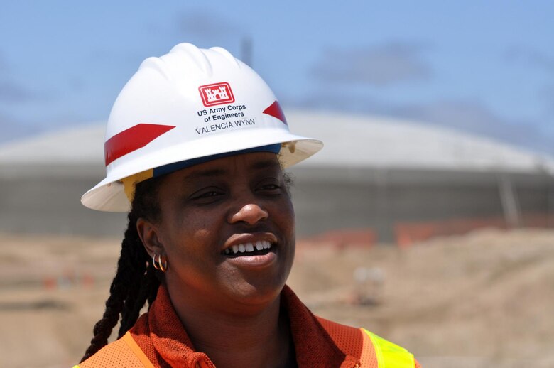 VANDENBERG AIR FORCE BASE, Calif. — Valencia Wynn, U.S. Army Corps of Engineers Construction Control Representative, oversees construction of the second 4-million-gallon reservoir tank here, May 11, 2012. The new water tanks support a population of more than 18,000 military, family members, contractors and civilian employees at the base.