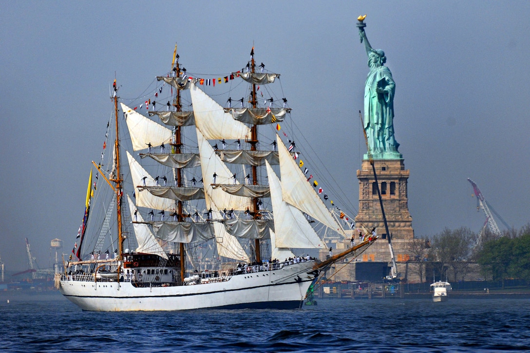 The Ecuadorian navy sail training ship BAE Guayas sails past the Statue of Liberty to participate in Fleet Week 2012 in New York, May 23, 2012. The event, which marks the 25th year the city has celebrated the nation's sea services, coincides with the commemoration of the Bicentennial of the War of 1812. More than 6,000 service members from the Navy, Marine Corps, Coast Guard and coalition ships from around the world will participate. 