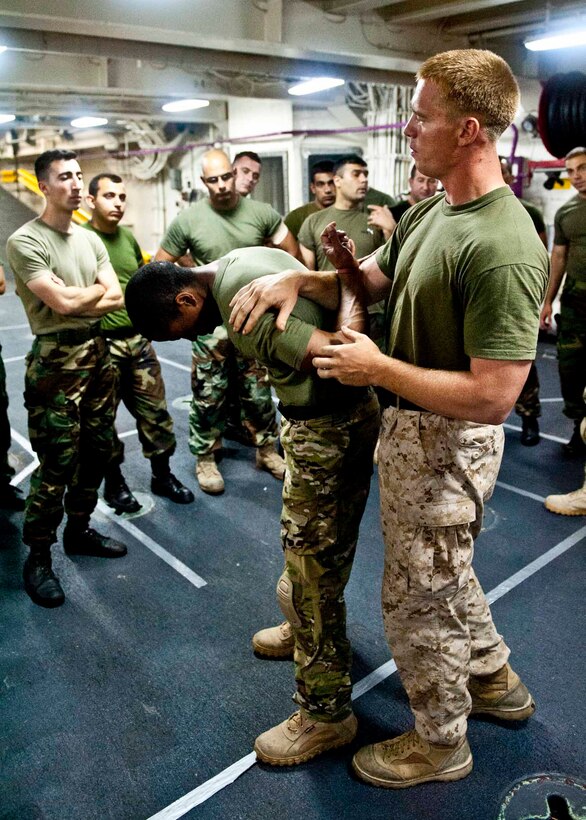U.S. Marine Corps Sgt. Wayne Clark demonstrates visit, board, search and seizure detainment techniques to Lebanese sailors aboard the amphibious transport dock ship USS New York during Exercise Eager Lion 12 in the Red Sea, May 18, 2012. Clark is assigned to the Maritime Raid Force of the 24th Marine Expedtionary Unit.