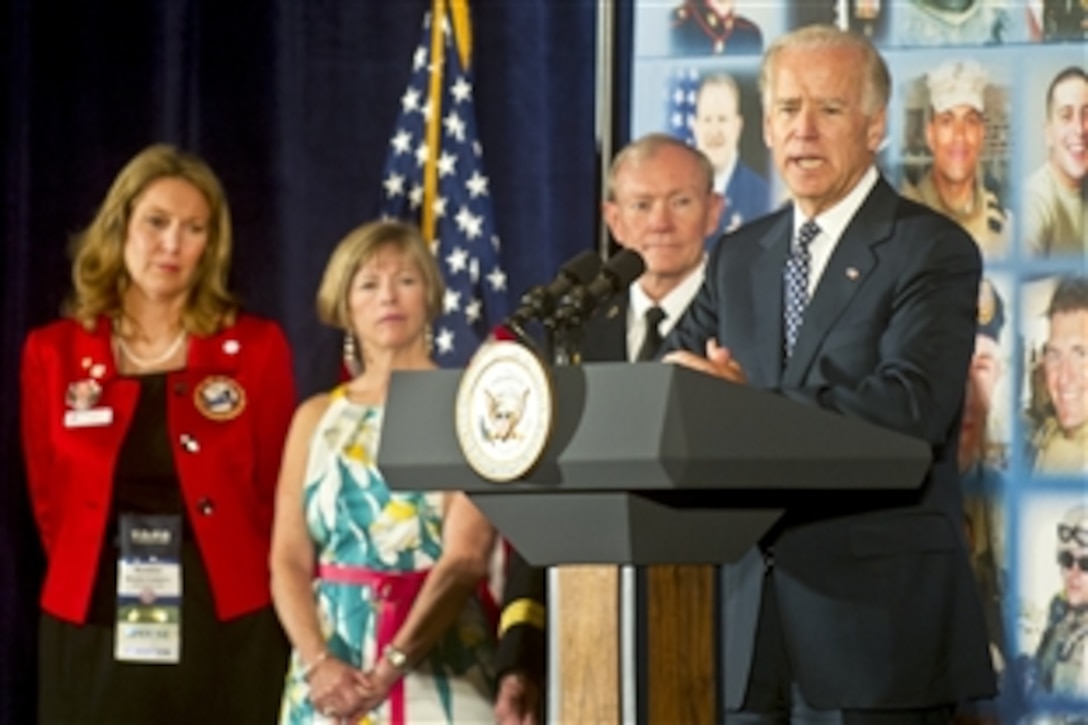 Vice President Joe Biden tells his personal experiences of loss at the 18th annual TAPS National Military Survivor Seminar and Good Grief Camp in Arlington, Va., May 25, 2012. TAPS, or Tragedy Assistance Program for Survivors, is a nonprofit group that supports surviving families of fallen service members.