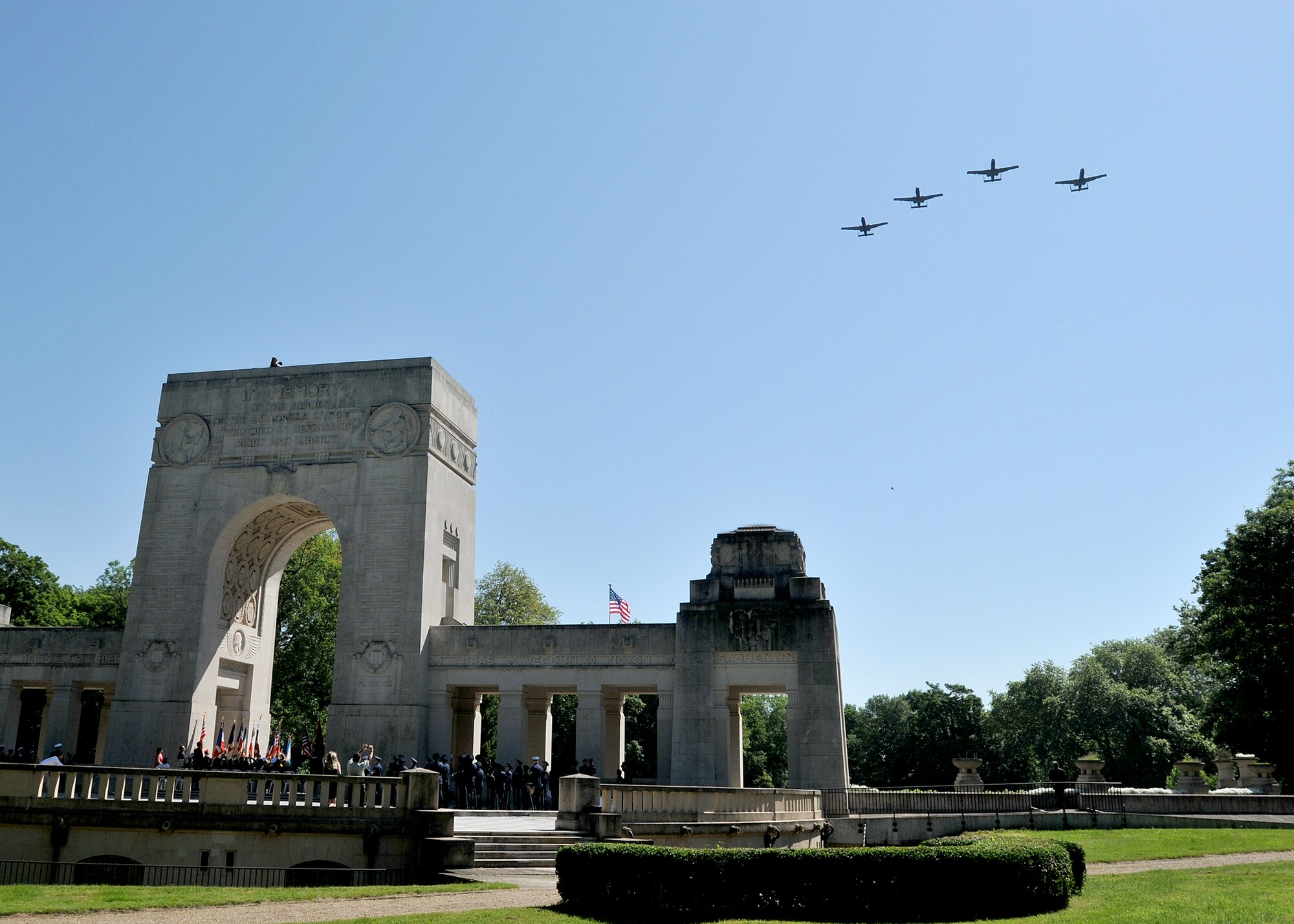 A-10C Thunderbolt II aircraft assigned to the 81st Fighter Squadron, Spangdahlem Air Base, Germany, perform a fly-over during a Memorial Day ceremony at the Lafayette Escadrille Memorial located on the outskirts of Paris, May 26, 2012. The memorial honors American pilots who volunteered to join the French Escadrille Lafayette and the Lafayette Flying Corps during World War I and also serves as a final resting place for the remains of 49 of those pilots. (U.S. Air Force Photo by Tech. Sgt. Markus M. Maier) (Released)