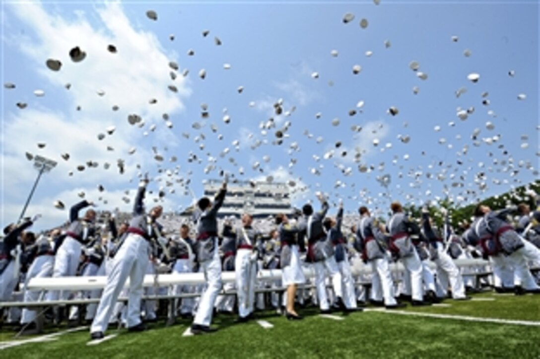 Army cadets toss their hats at the end of the commencement exercises for the class of 2012 at the U.S. Military Academy at West Point, N.Y., May 26, 2012. 