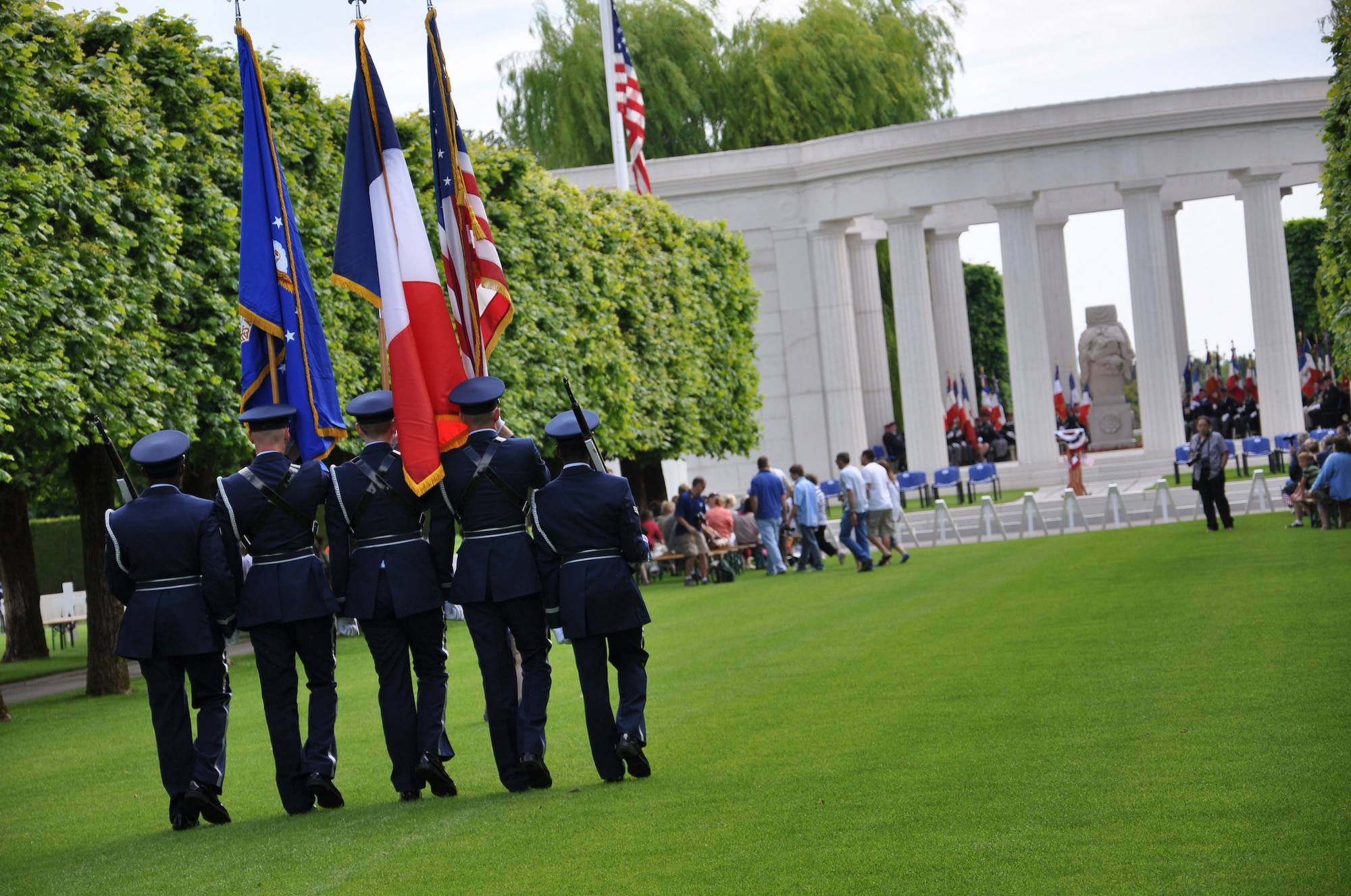 THIAUCOURT, France -- The Ramstein Air Base, Germany, Honor Guard colors detail advances to position during the Memorial Day event at the St. Mihiel American Cemetery May 27, 2012. The 40.5-acre World War I cemetery, about 24 miles southwest of Metz, France, contains the graves of 4,153 of U.S. military dead. It is the third largest of the eight World War I American military cemetery memorials in Europe. (U.S. Air Force photo by Tech. Sgt. Francesca Popp)