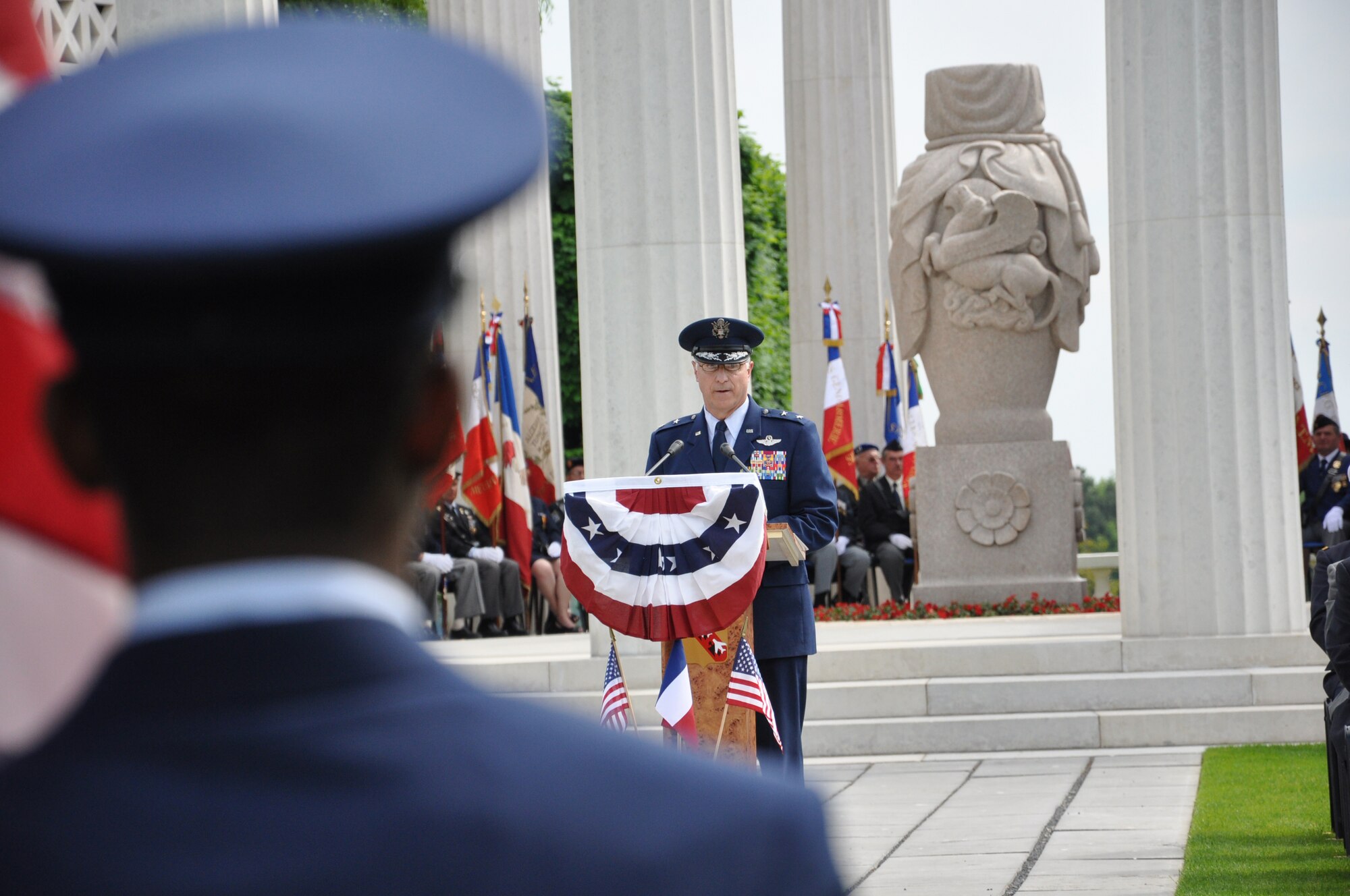 THIAUCOURT, France -- Maj. Gen. David J. Scott, U.S. Air Forces in Europe vice commander, addresses those in attendance during the annual the Memorial Day event at the St. Mihiel American Cemetery May 27, 2012. The 40.5-acre World War I cemetery, about 24 miles southwest of Metz, France, contains the graves of 4,153 of U.S. military dead. It is the third largest of the eight World War I American military cemetery memorials in Europe. (U.S. Air Force photo by Tech. Sgt. Francesca Popp)