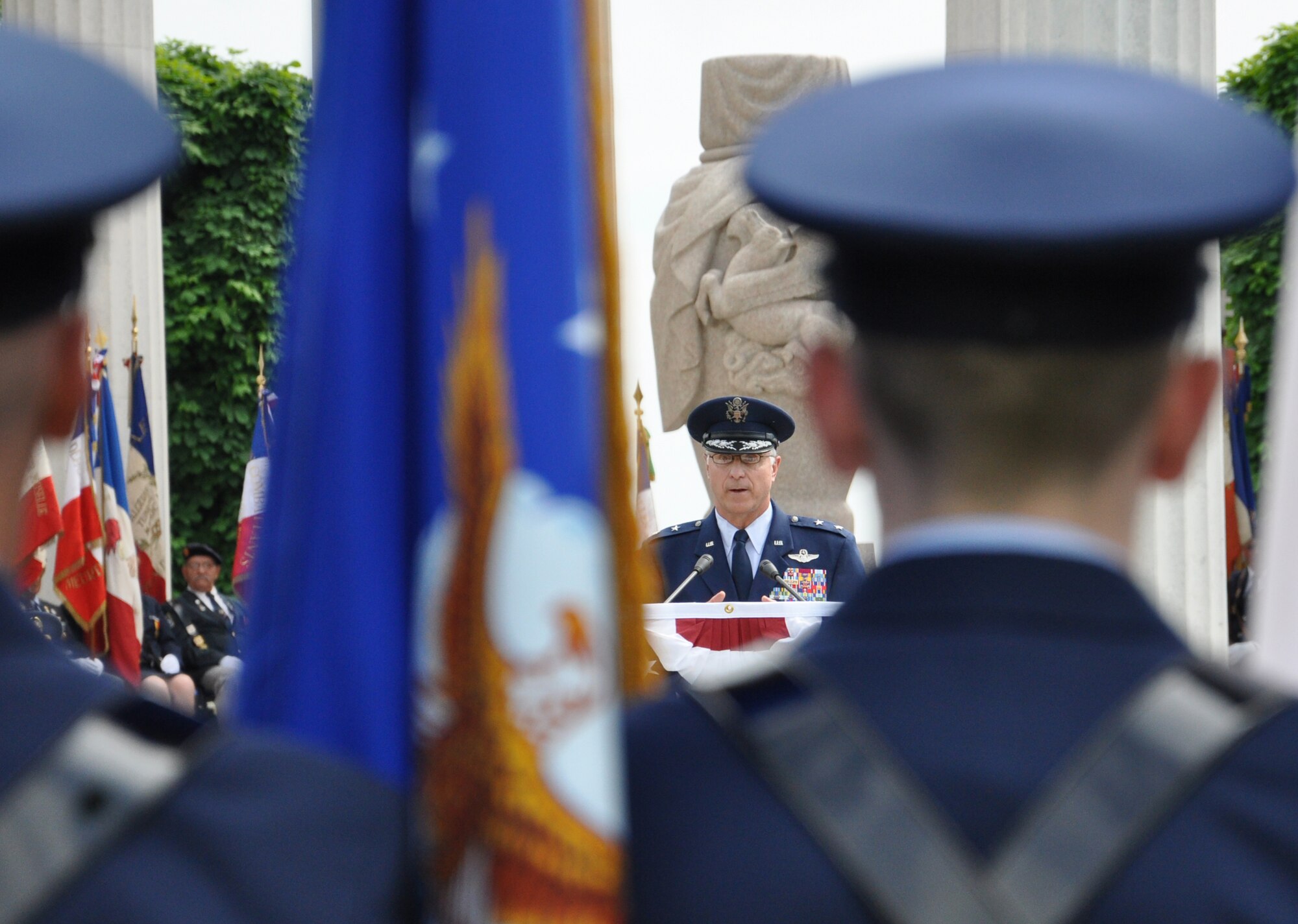 THIAUCOURT, France -- Maj. Gen. David J. Scott, U.S. Air Forces in Europe vice commander, addresses those in attendance during the annual the Memorial Day event at the St. Mihiel American Cemetery May 27, 2012. The 40.5-acre World War I cemetery, about 24 miles southwest of Metz, France, contains the graves of 4,153 of U.S. military dead. It is the third largest of the eight World War I American military cemetery memorials in Europe. (U.S. Air Force photo by Tech. Sgt. Francesca Popp)