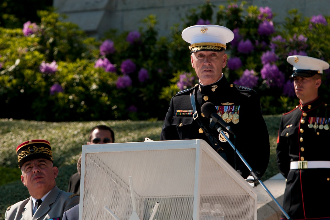 Gen. Joseph Dunford, assistant commandant of the Marine Corps, delivers his remarks during a Memorial Day commemoration ceremony to pay tribute to the American and French lives lost during the Battle of Belleau Wood at Aisne-Marne American Memorial Cemetery, May 27. The ceremony marked the 94th anniversary of the battle and represented the long-lasting American-French friendship, brotherhood forged before the battle grounds of World War I to the current operations in Afghanistan. The cemetery has 2,039 known-buried, and 250 unidentified, who lay in the slopes of the hill. In the chapel, more than a 1,000 are inscribed in remembrance of the missing.