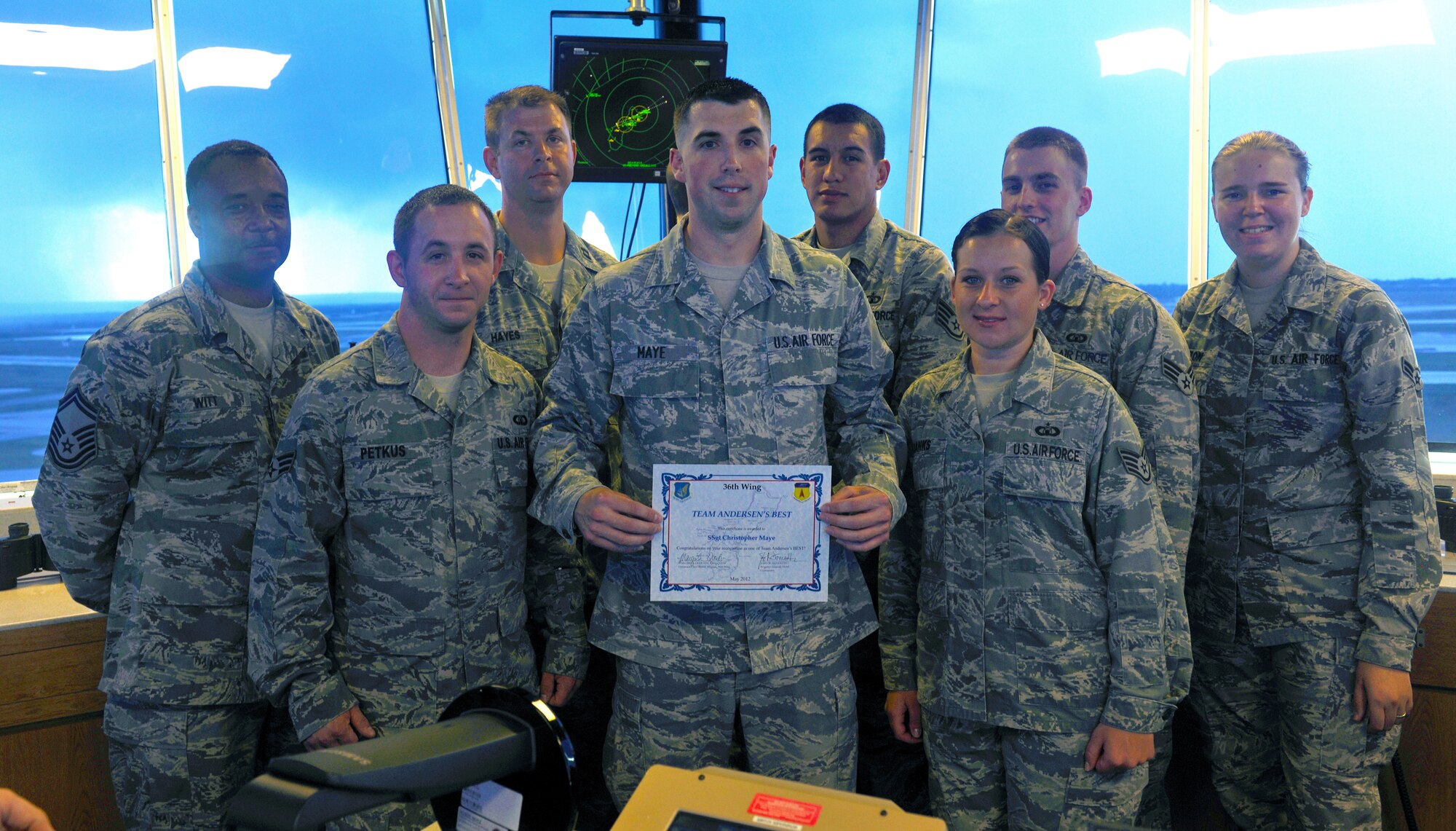 Staff Sgt. Christopher Maye, 36th Operation Support Squadron air traffic controller, was awarded Andersen’s Best May 17.  Andersen's Best is a recognition program which highlights a top performer from the 36th Wing. Each week, supervisors nominate a member of their team for outstanding performance and the wing commander presents the selected Airman/civilian with an award.  To nominate your Airmen/civilian for Andersen's Best, contact your unit chief or superintendent explaining their accomplishments.  (U.S. Air Force photo by Airman 1st Class Mariah Haddenham/Released)