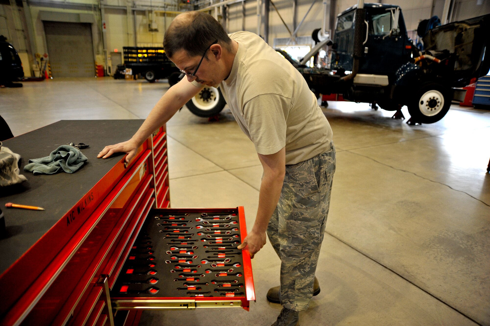 U.S. Air Force Staff Sgt. Robert Reich, 35th Logistics Readiness Squadron vehicle maintenance journeyman, inspects tools for wear and damage at Misawa Air Base, Japan, May 23, 2012. The Vehicle Management Flight provides logistics support to combat-ready forces in support of operations worldwide. (U.S. Air Force photo by Staff Sgt. Nathan Lipscomb/Released)
