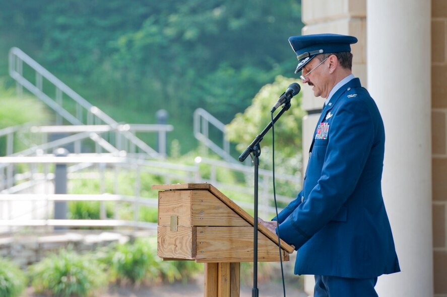 WARREN COMMUNITY AMPHITHEATER, Ohio -- U.S. Air Force Reserve Colonel Reinhard Schmidt, 910th Airlift Wing commander, delivers a Memorial Day speech at Warren Community Amphitheater in downtown Warren, Ohio, Monday, May 28. Colonel Schmidt also rode as the Honorary Parade Marshall during the parade that followed the ceremony. A Youngstown Air Reserve Station C-130H Hercules aircraft performed a low-level flyover to begin the parade. Colonel Schmidt was one of several members of the 910th Airlift Wing who represented the Air Force Reserve at Memorial Day events in the greater Youngstown area. U.S. Air Force photo by Mr. Eric M. White