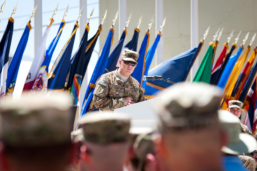 U.S. Army Maj. Gen. William C. Mayville Jr. speaks to service members during a Memorial Day ceremony on Bagram Air Field, Afghanistan, May 28, 2012. Mayville is the commander of the 1st Infantry Division's Combined Joint Task Force-1.