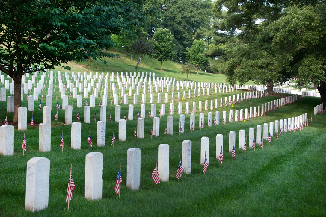 U.S. flags stand in front of the graves of fallen service members on Memorial Day at Arlington National Cemetery in Arlington Va., May 28, 2012.