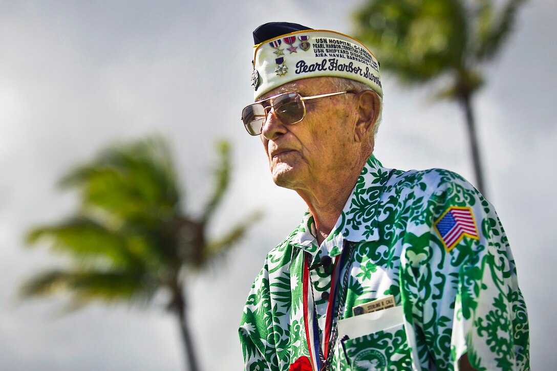 Retired U.S. Army Command Sgt. Maj. Sterling R. Cale, a 90-year-old Pearl Harbor survivor, takes a moment to reflect during the USS Arizona Memorial 50th anniversary commemoration ceremony in Honolulu, Hawaii, May 27, 2012.