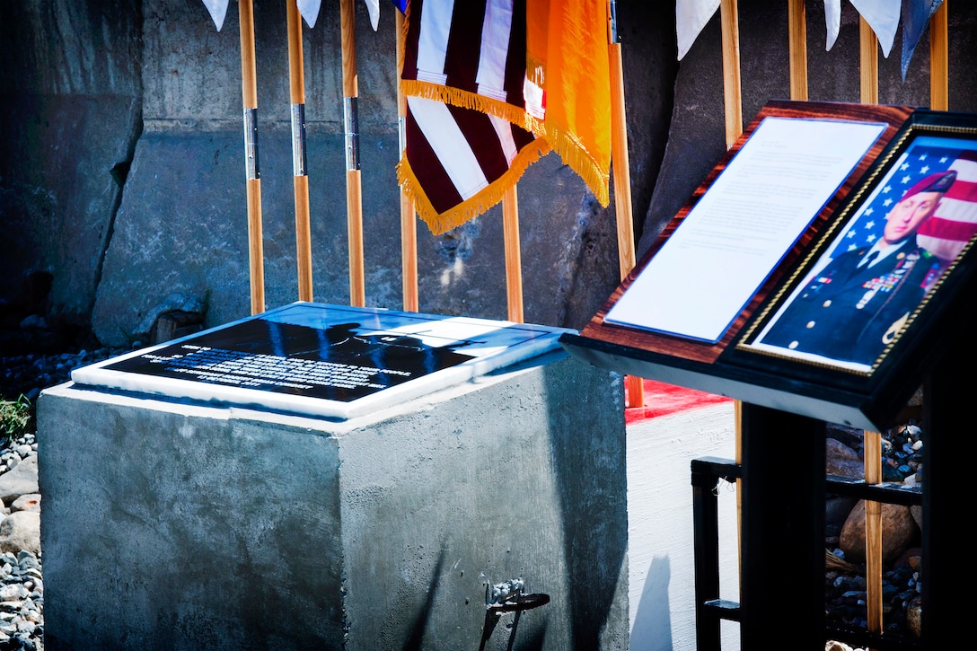 A memorial dedicated to U.S. Army Staff Sgt. Robert Cowdrey, stands on Forward Operating Base Fenty, in Afghanistan's Nangarhar province, May 28, 2012. Cowdrey was a flight medic assigned to the 82nd Combat Aviation Brigade's "All-American Dustoff," Gypsy platoon.  Cowdrey died Oct. 13, 2011 while saving coalition forces injured by enemy fire near the Pakistan border.