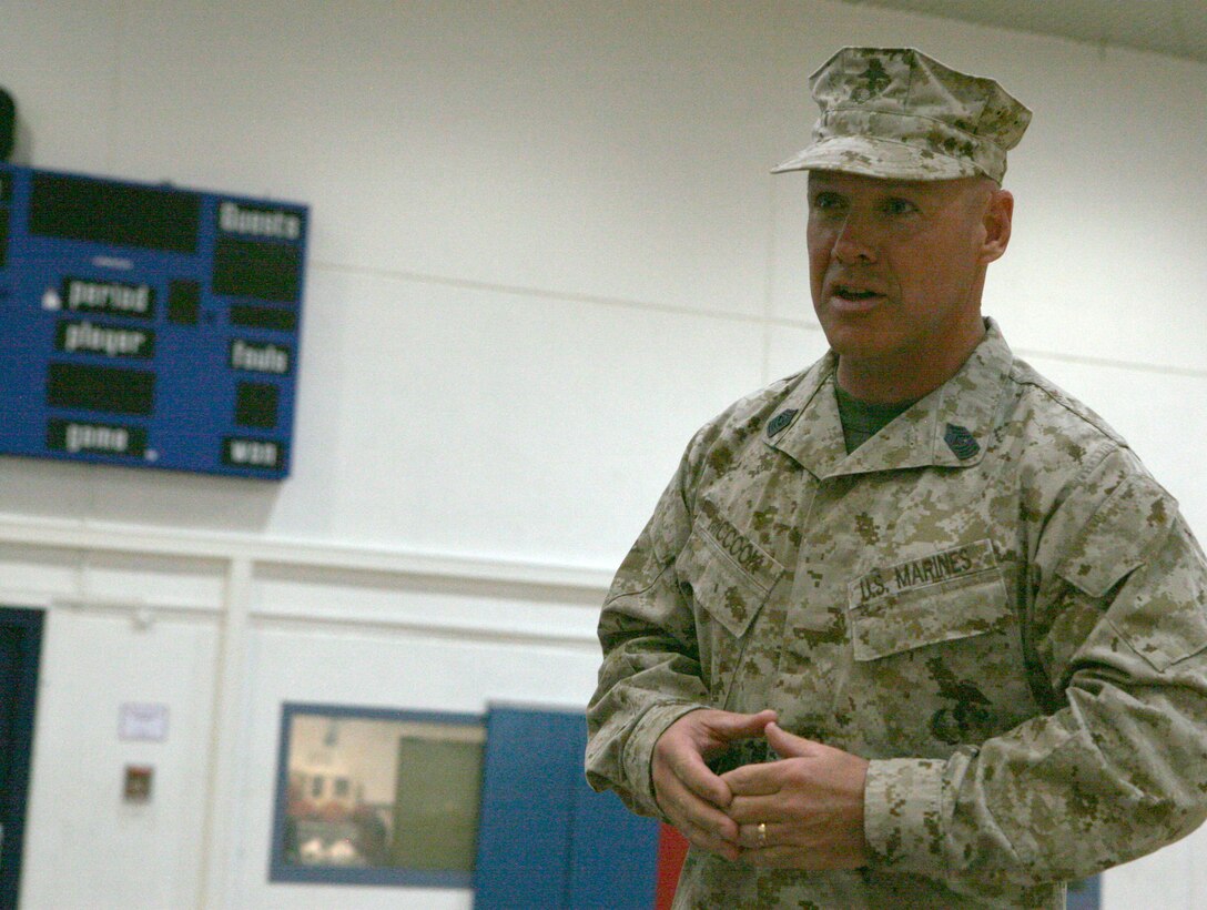 Sgt. Maj. James J. McCook, the incoming sergeant major for U.S. Marine Corps Forces Europe and Africa, speaks on his appreciation and welcomed arrival as senior enlisted leader from Sgt. Maj. Ronald L. Green, the outgoing sergeant, in a relief-and-appointment ceremony, May 29. The two commands welcomed their new senior enlisted leader, McCook, as they bid farewell to Green during a relief-and-appointment ceremony at U.S. Army Garrison Stuttgart.::r::::n::::r::::n::