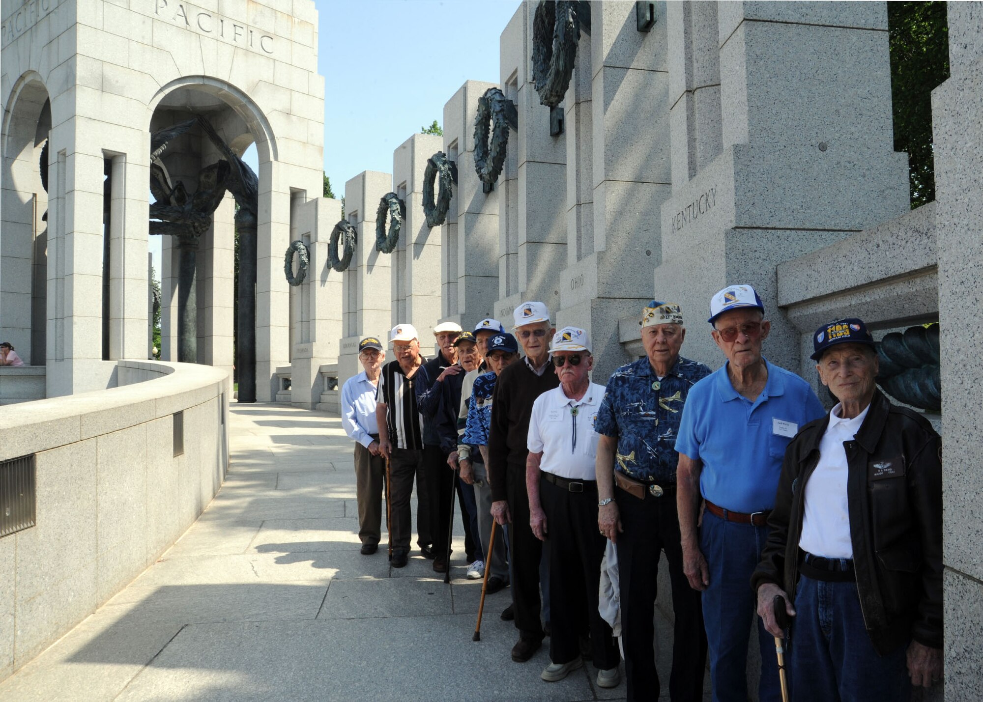 The 11th Bombardment group assembles for a group photo during a visit to the World War II Memorial in Washington, D.C., May 17. The memorial was built to pay tribute to those who served in WWII. (U.S. Air Force photo/Airman 1st Class Aaron Stout)