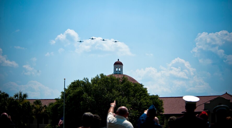 A formation of A-10C Thunderbolt II aircraft from Moody Air Force Base, Ga., makes its way over the skies of Valdosta State University during a memorial service for retired U.S. Air Force Lt. Col. Donald Bryan May 26, 2012, in Valdosta, Ga. Friends and family of Bryan and members of the local community gathered to pay a final tribute to the World War II veteran. (U.S. Air Force photo by Staff Sgt. Jamal D. Sutter/Released)