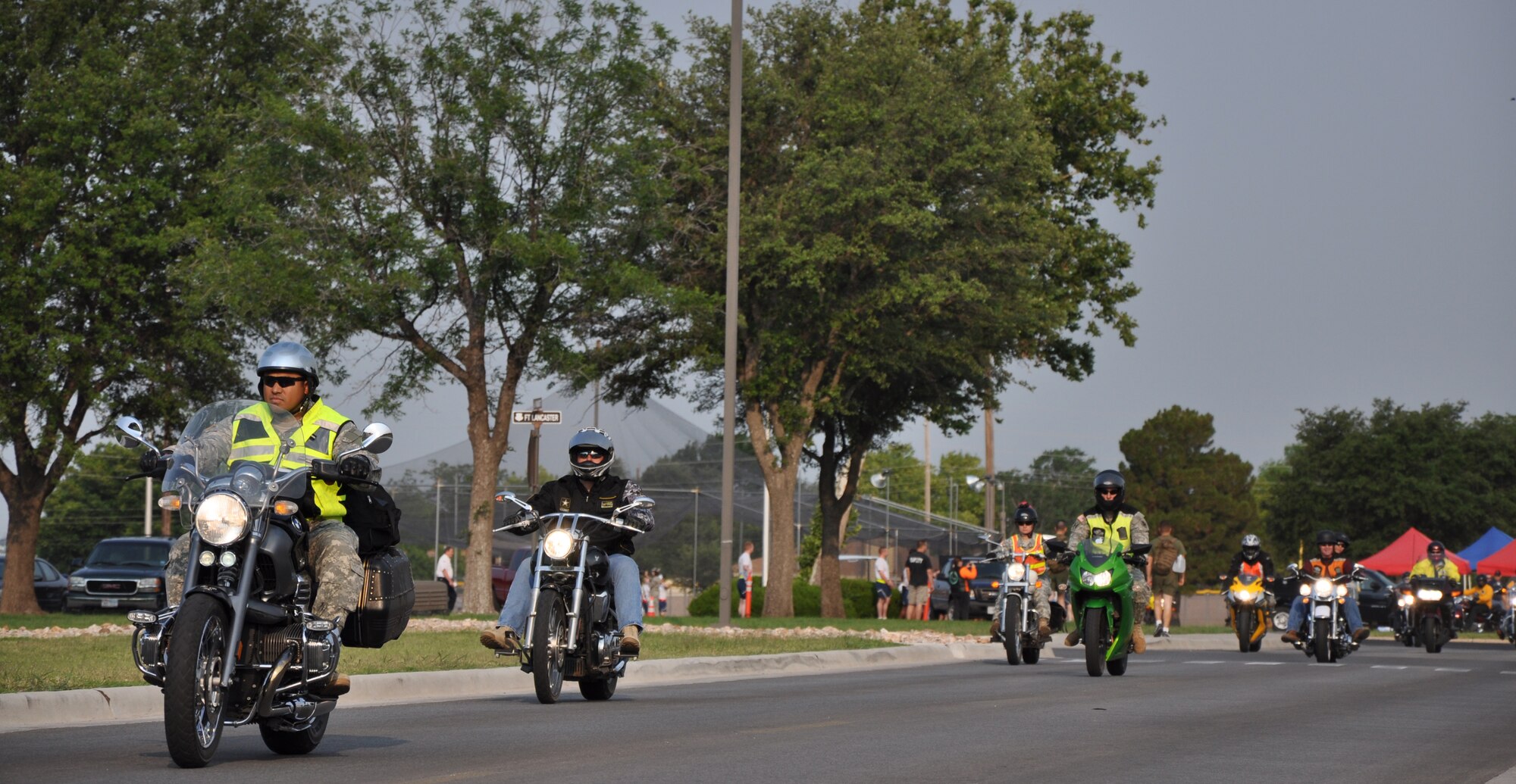 GOODFELLOW AIR FORCE BASE, Texas—Members of the Green Knights Military Motorcycle Club, Chapter 64 parade around the base to raise motorcycle safety awareness during the quarterly Sports and Safety Day, May 24. The GKMMC is comprised of both civilians and service members. (U.S. Air Force photo/Airman 1st Class Jessica Keith)