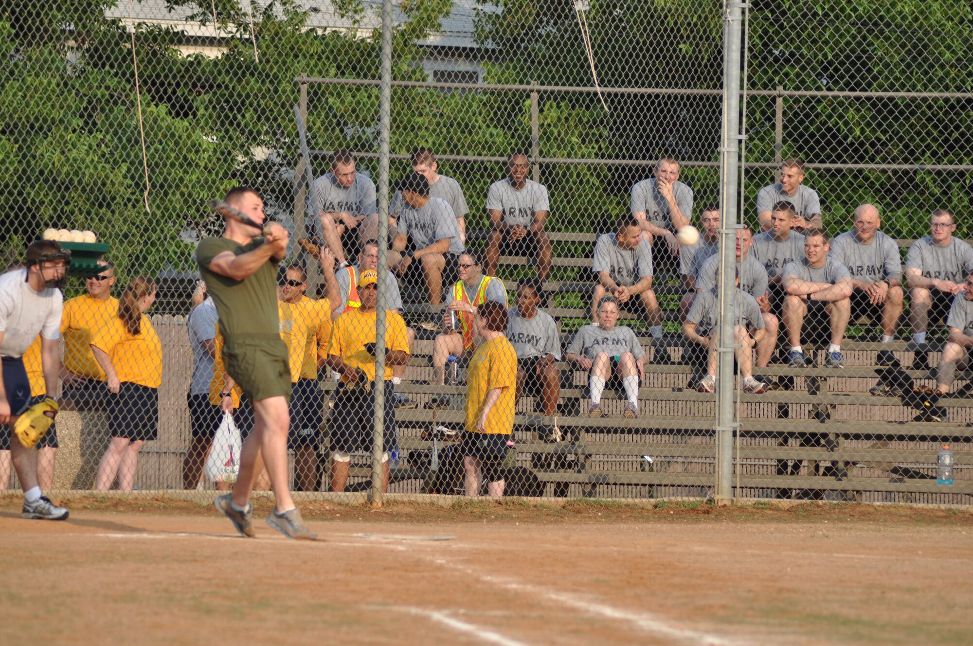 GOODFELLOW AIR FORCE BASE, Texas— Airmen and Marines face-off during a softball tournament during the quarterly Sports and Safety Day, May 24. Teams got the opportunity to compete in more than a dozen sporting events including softball, football and soccer. (U.S. Air Force photo/Airman 1st Class Jessica Keith)