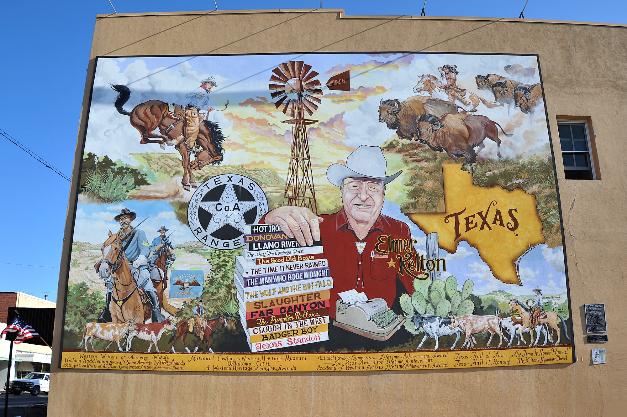 SAN ANGELO, Texas-- The Elmer Kelton Mural, located at 118 S. Chadbourne, was painted by Western artist Stylle Read.  Read will be painting the new historic military mural located at 108 E. Concho Avenue.  (U.S. Air Force photo/Airman 1st Class Michael Smith)