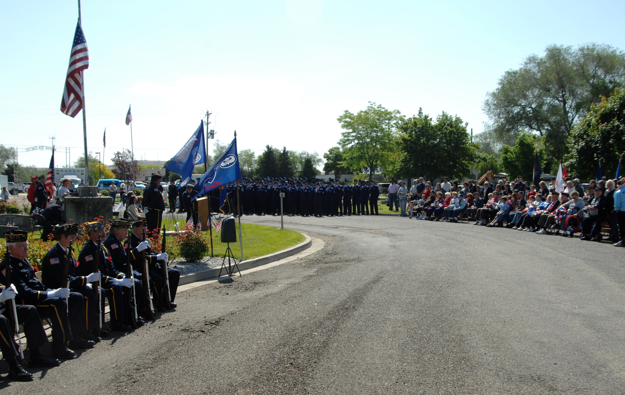 U.S. Air Force Airmen from Mountain Home Air Force Base and members from the local community come together for a Memorial Day ceremony May 28, 2012, at Mountain View Cemetery in Mountain Home, Idaho. More than 250 servicemembers and civilians attended the ceremony to honor fallen United States military veterans from all branches of service. (U.S. Air Force photo/ Senior Airman Benjamin Sutton)