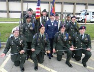 Maj. Carol Yeager stands in the center of a North Carolina Junior ROTC group. Chaplain Yeager and the JrROTC cadets were featured at GE Durham's Memorial Day event in late May. (USAF courtesy photo)