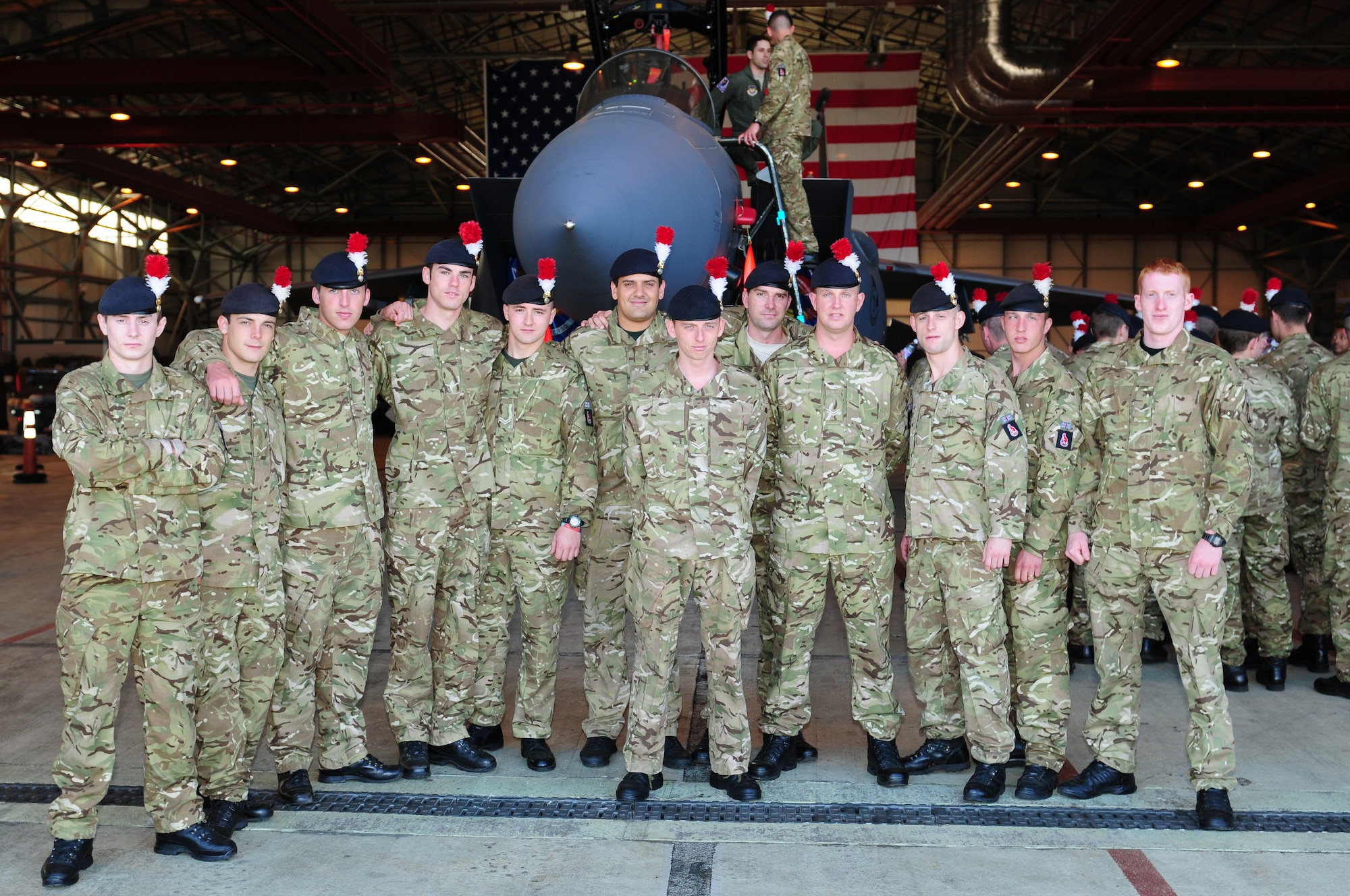 ROYAL AIR FORCE LAKENHEATH, England – Members of the British Army 2nd Battalion Royal Regiment of Fusiliers, C Company, pose for a photograph in front of an F-15E Strike Eagle during a tour May 25, 2012. The soldiers visited RAF Lakenheath for a chance to become familiar with the wing’s aircraft and aircrew.  (U.S. Air Force photo by Airman 1st Class Cory D. Payne)
