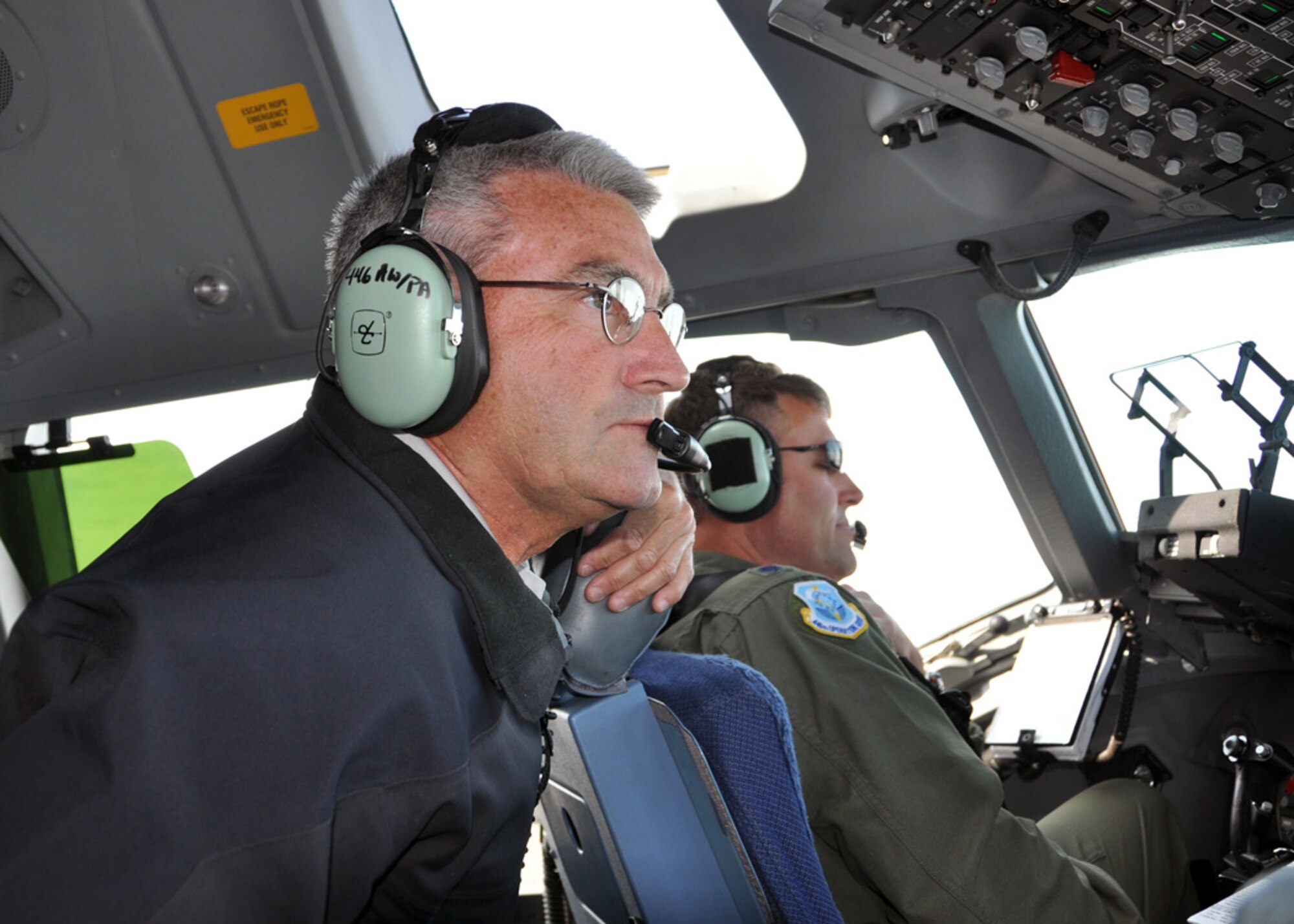 Wyche Coleman, a civic leader from Barksdale Air Force Base, La., enjoys the view from the flight deck of a C-17 Globemaster during an orientation flight at Joint Base Lewis-McChord in Tacoma, Wash., May 24, 2012.  The flight was one of the events scheduled as part of the 307th Bomb Wing/917th Fighter Group Civic Leader Tour held May 23-24, 2012.  (U.S. Air Force photo/Master Sgt. Mary Hinson)