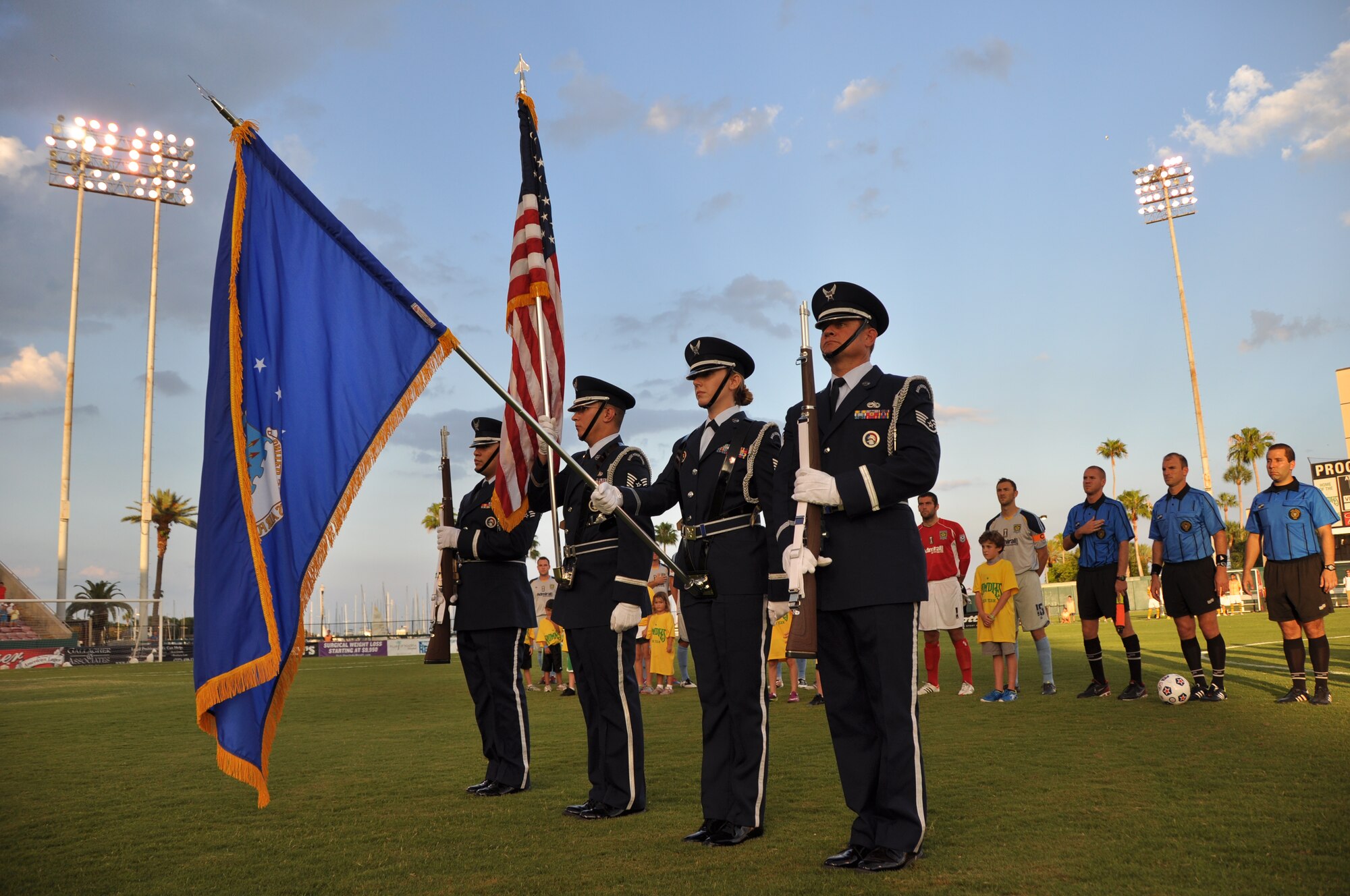 ST. PETERSBURG, Fla. - Members of the 927th Honor Guard present the colors Friday at the opening of the Tampa Bay Rowdies soccer game against the Minnesota Stars Football Club. 