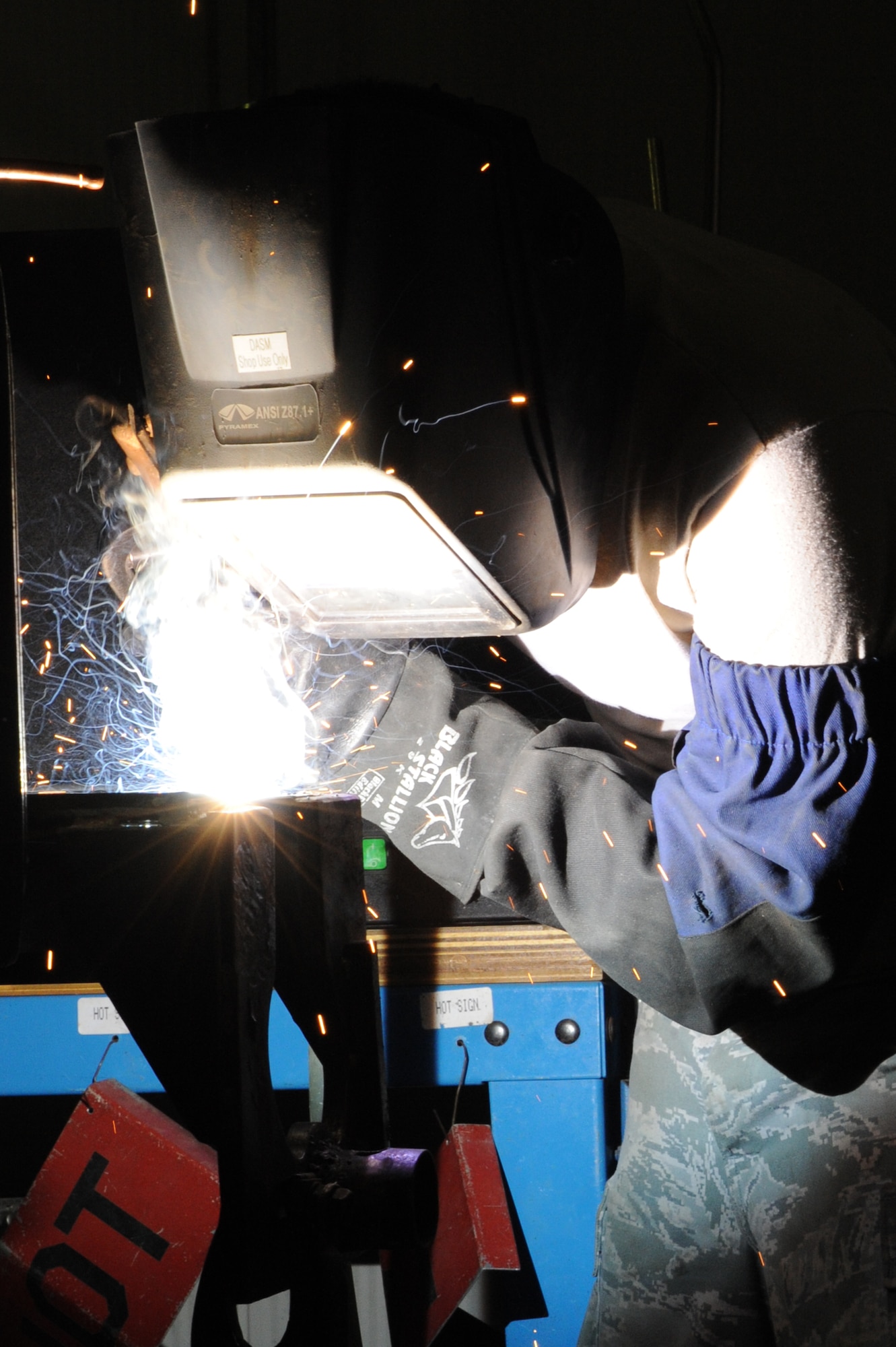 SOUTHWEST ASIA -- Senior Airman Casey Lavallee welds a rail May 28, 2012. Lavallee is deployed to the 380th Expeditionary Maintenance Squadron from Mountain Home Air Force Base, Idaho. (U.S. Air Force photo/Master Sgt. Scott MacKay)