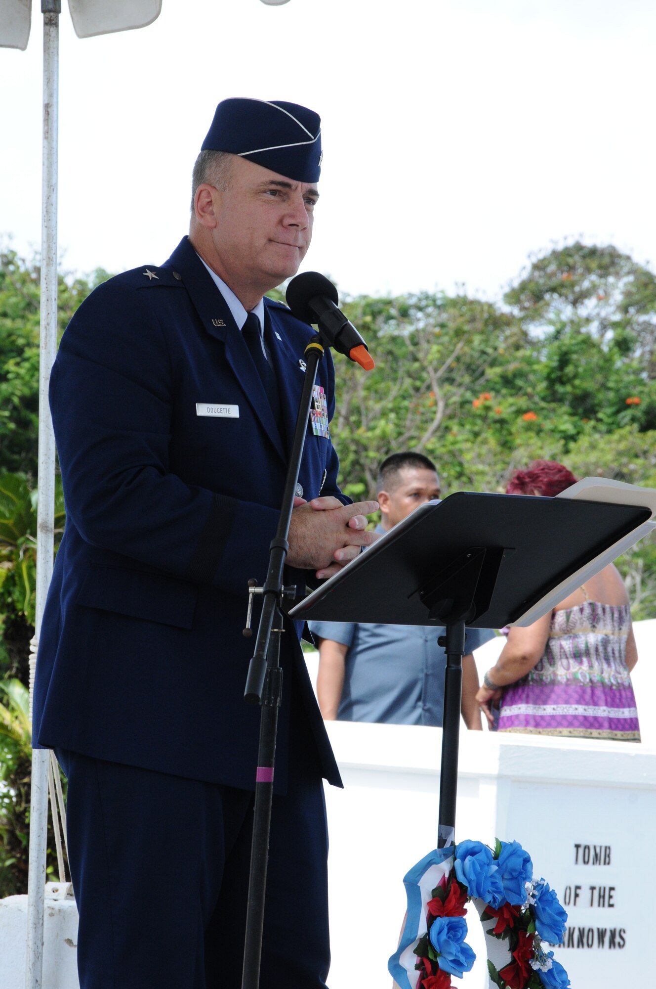 ANDERSEN AIR FORCE BASE, Guam- Brig. Gen. John Doucette, 36th Wing commander gives the Memorial Day speech during the Guam Veteran Cemetery ceremony, May 28.  “We pay homage to those who fought and gave their lives in past and present wars in the name of freedom,” said the general. (U.S. Air Force photo by Senior Airman Carlin Leslie/Released)