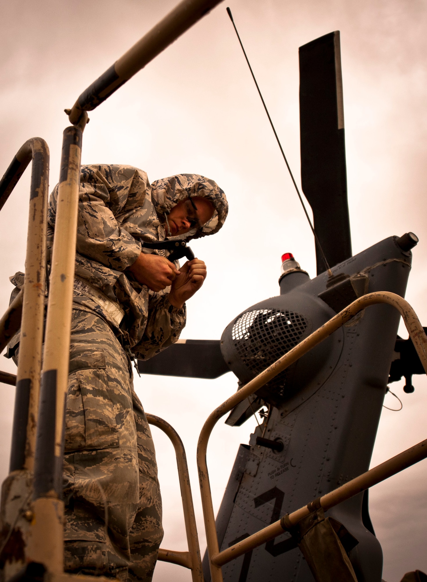 Senior Airman Joseph Shelton, a sheet metal technician with the 33rd Expeditionary Helicopter Maintenance Unit, works on the tail rotor of a U.S. Air Force HH-60G Pave Hawk helicopter at Bagram Airfield, Afghanistan, May 25, 2012. Shelton, a resident of Asheville, N.C., and his fellow maintainers enable Bagram’s combat search and rescue capability in support of NATO and Afghan security forces. (U.S. Air Force photo/Capt. Raymond Geoffroy)