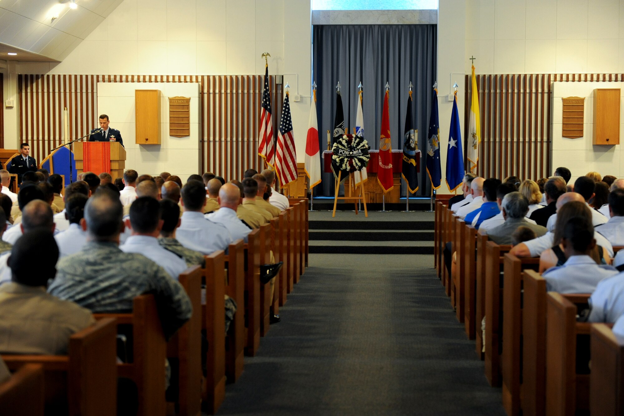 U.S. Air Force Brig. Gen. Matt Molloy, 18th Wing commander, gives a speech during a Memorial Day ceremony at Chapel 1 on Kadena Air Base, Japan, May 28, 2012. Formally known as Decoration Day, Memorial Day is now observed as a day to remember those who have made the ultimate sacrifice so that the nation may live free.  (U.S. Air Force photo/Airman 1st Class Brooke P. Beers)