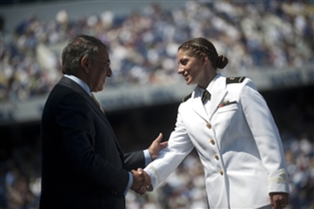 Secretary of Defense Leon E. Panetta congratulates a graduating Midshipman at the United States Naval Academy 2012 Graduation and Commissioning ceremony in Annapolis, Md., on May 29, 2012.  