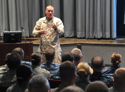 OFFUTT AIR FORCE BASE, Neb. - Sgt. Maj. Bryan Battaglia, Senior Enlisted Advisor to Chairman of the Joint Chiefs of Staff, speaks to U.S. Strategic Command&#039;s enlisted personnel at an all-hands call in the STRATCOM theater during his visit to the command May 29, 2012.  Sergeant Major Battaglia answered questions and expanded on the Chairman&#039;s four key themes of achieving national objectives in the current conflicts, developing Joint Force 2020, renewing commitment to the Profession of Arms, and keeping faith with military family.  Sergeant Major Battaglia is the second enlisted servicemember to hold the distinction of being the military advisor to the Chairman and the Secretary of Defense on issues concerning joint and combined total force integration, utilization, health of the force and joint development for enlisted personnel.