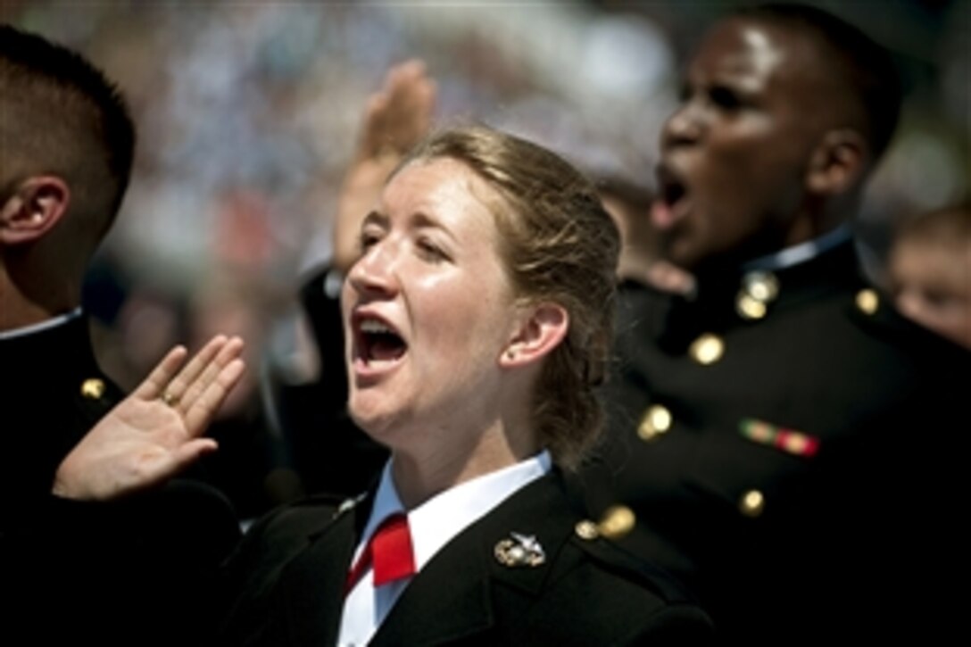 Graduating Midshipmen take the Oath of Office as they prepare to be commissioned as Marine Corps officers during the United States Naval Academy 2012 Graduation and Commissioning ceremony in Annapolis, Md., May 29, 2012.